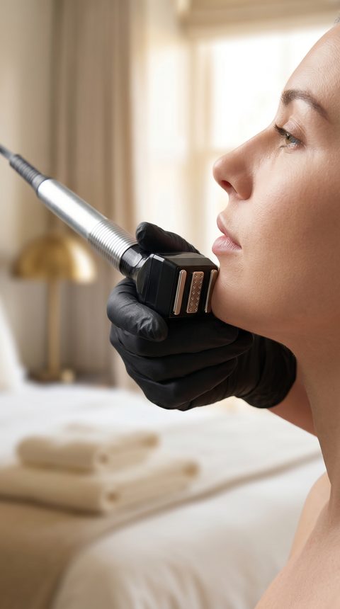 Forma RF handpiece applied to client's jaw — non-invasive skin tightening
