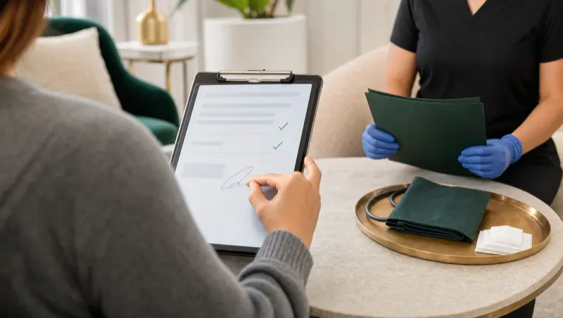 Clinical consent checklist on a clipboard with gloves, representing physician-defined screening and informed consent