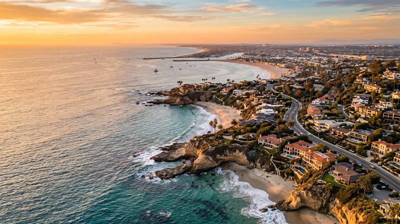 Aerial view of the Orange County coastline at golden hour — Newport Beach to Laguna Beach — the area Soothe IV serves