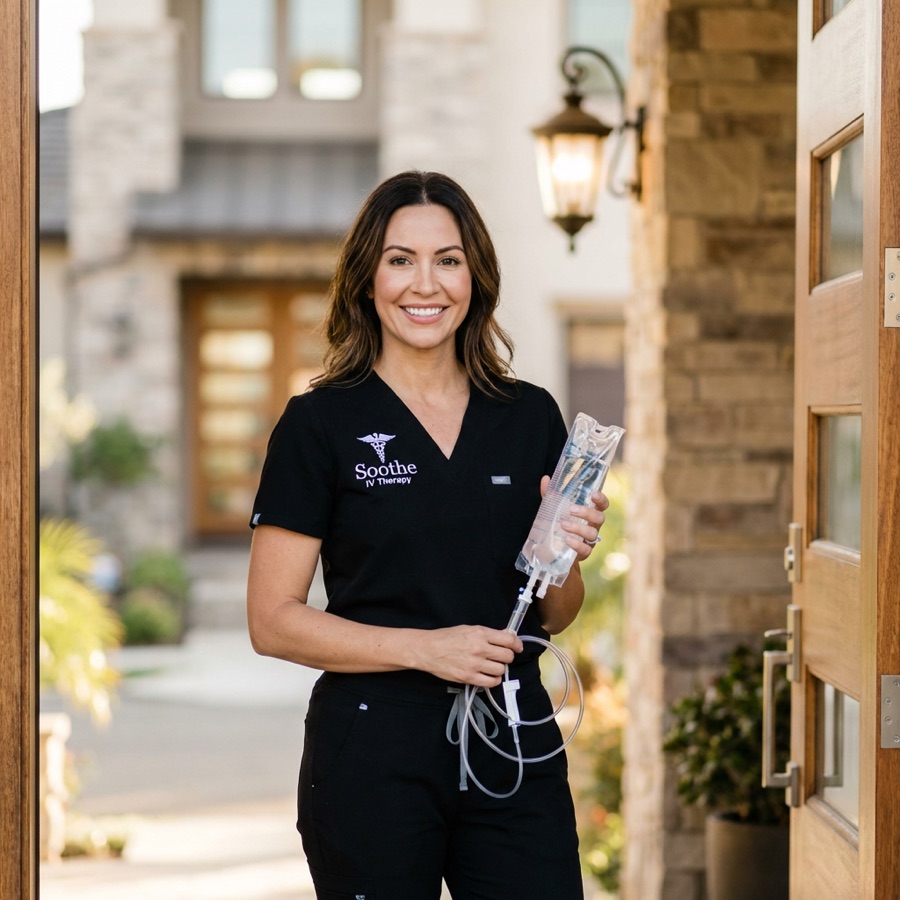 SootheIV nurse in branded scrubs holding an IV bag at the door of an Orange County home