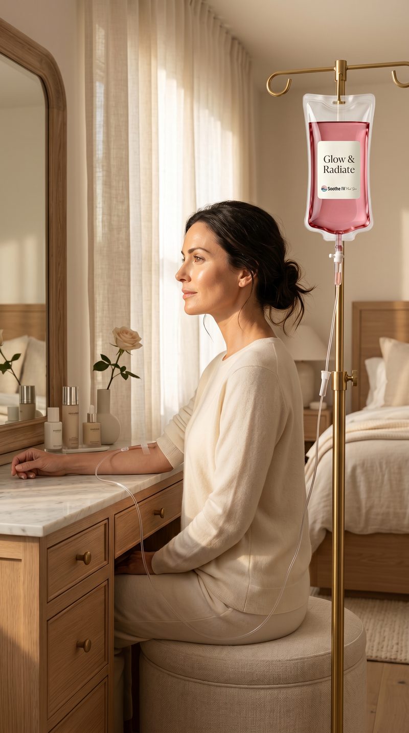 Woman at a vanity in a luxury Orange County bedroom receiving a Glow & Radiate IV from a brass stand — Soothe IV beauty IV