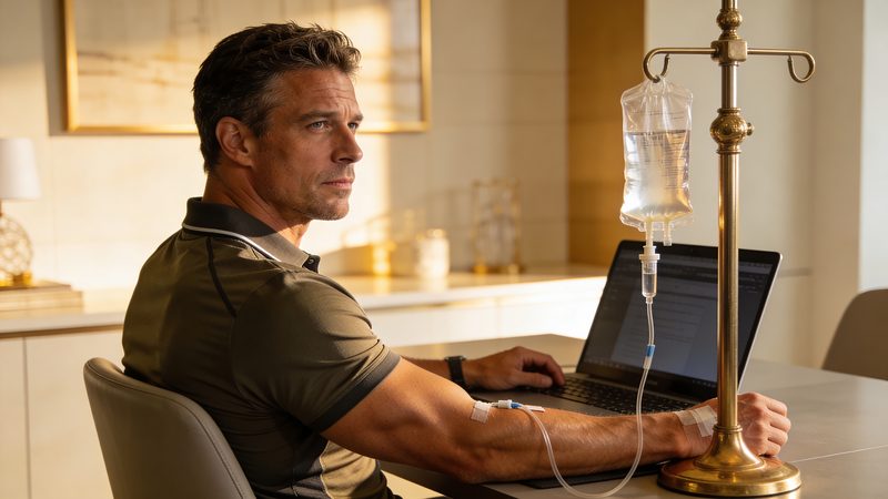 Executive in a fitted athletic polo at a home office, IV drip running from a brass stand — Soothe IV Perform