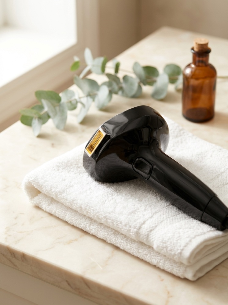 InMode Lumecca Peak IPL handpiece resting on a folded towel in a luxury home setting