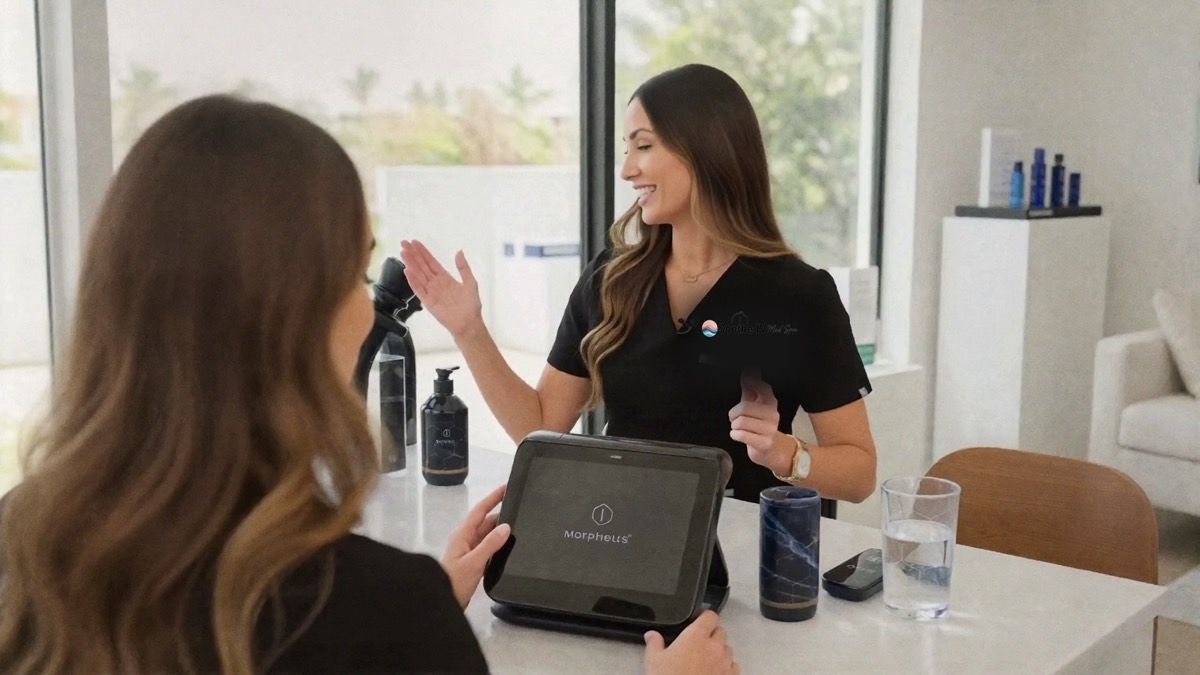 A Soothe IV aesthetic nurse reviewing a combined face and body Morpheus8 plan with a client at home