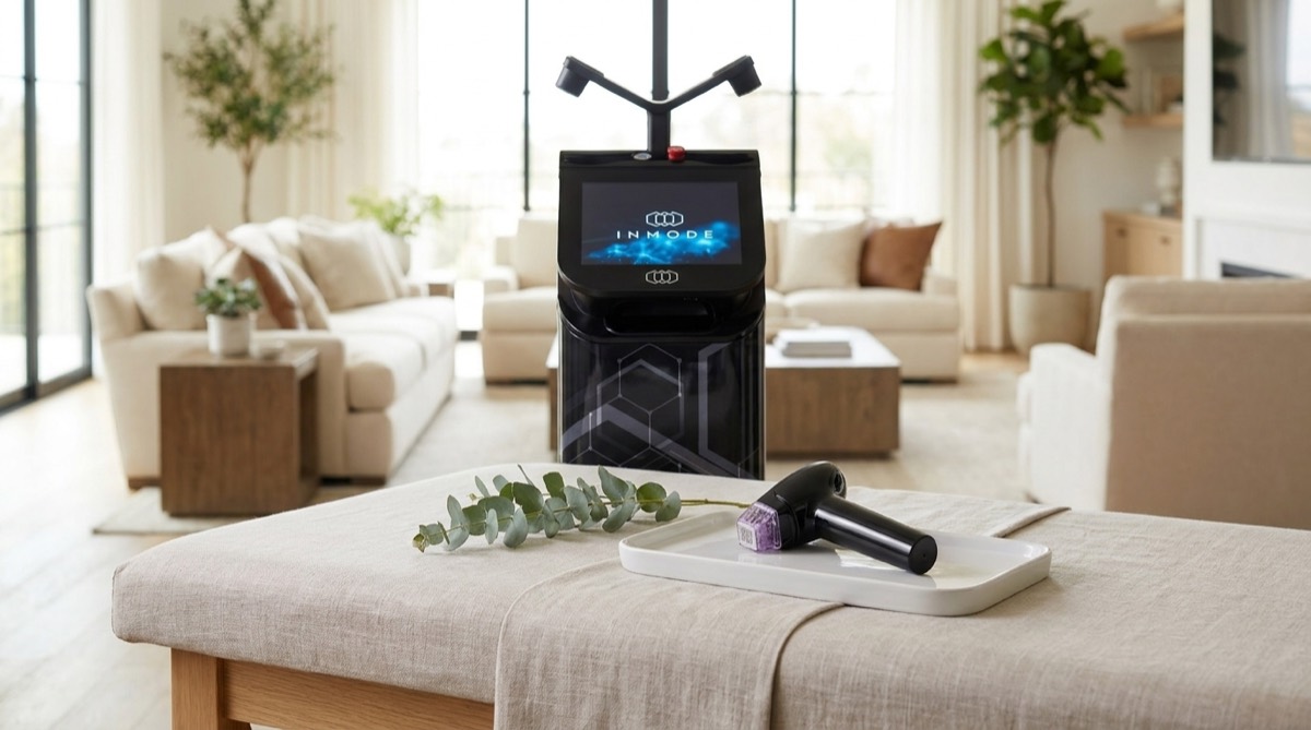 InMode Optimas Max console and Morpheus8 RF microneedling handpiece staged for an in-home treatment in an Orange County living room