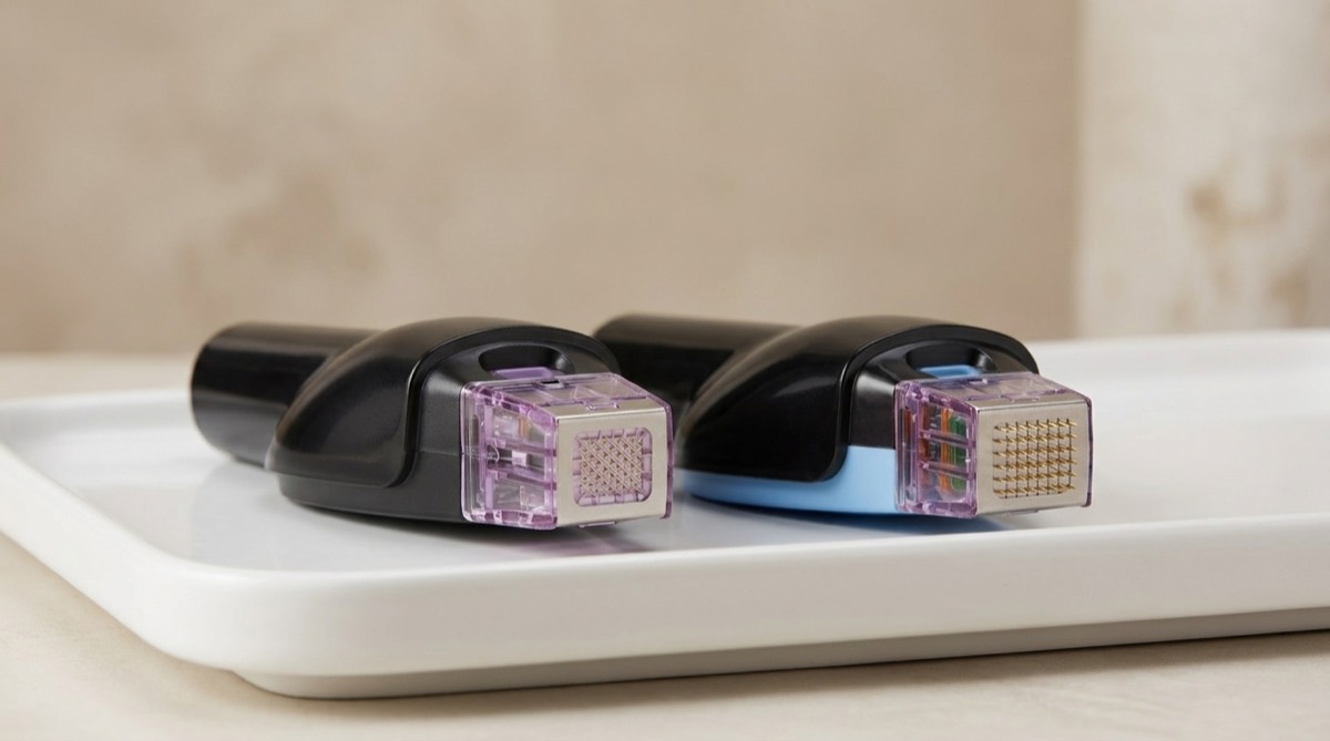 Two InMode Morpheus8 treatment tips side by side — a fine facial tip and a deeper body tip