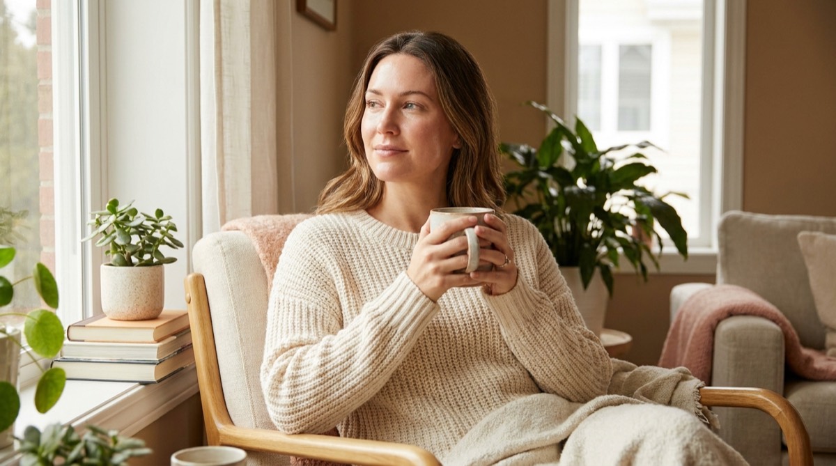 Woman relaxing calmly at home with healthy skin a couple of days after a Morpheus8 treatment
