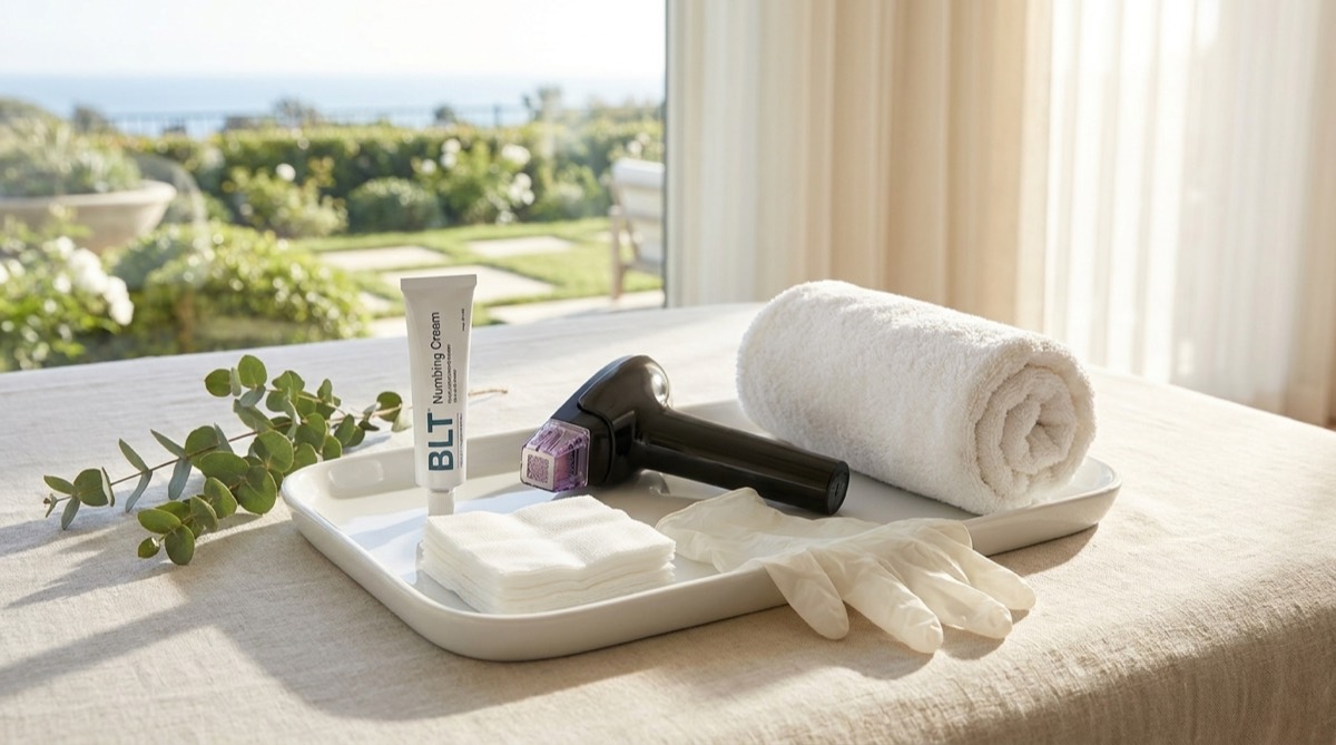 In-home Morpheus8 treatment setup on a clean tray — handpiece, numbing cream, gauze, gloves, and a towel in a bright Orange County home