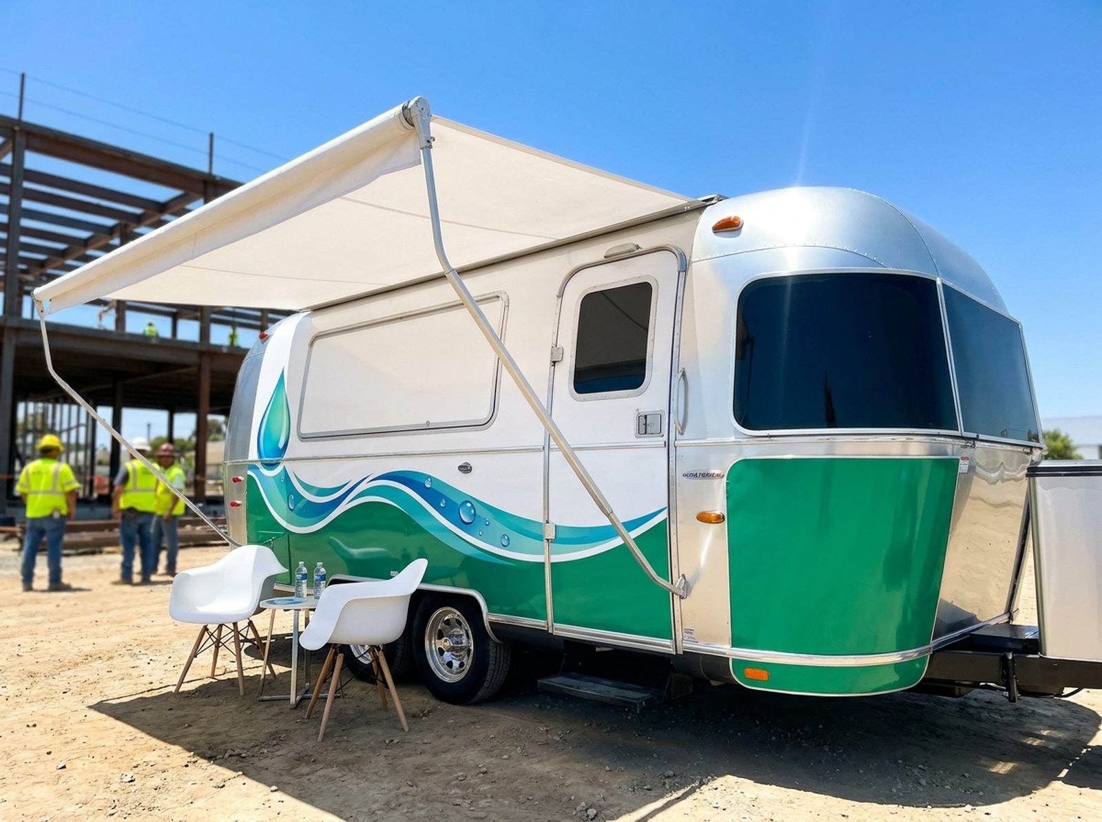 Soothe IV Med Spa branded Airstream mobile hydration trailer parked on a Southern California construction jobsite