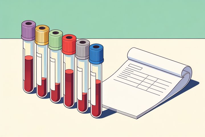 Medical illustration of laboratory blood collection tubes with different coloured caps standing beside a lab requisition form.