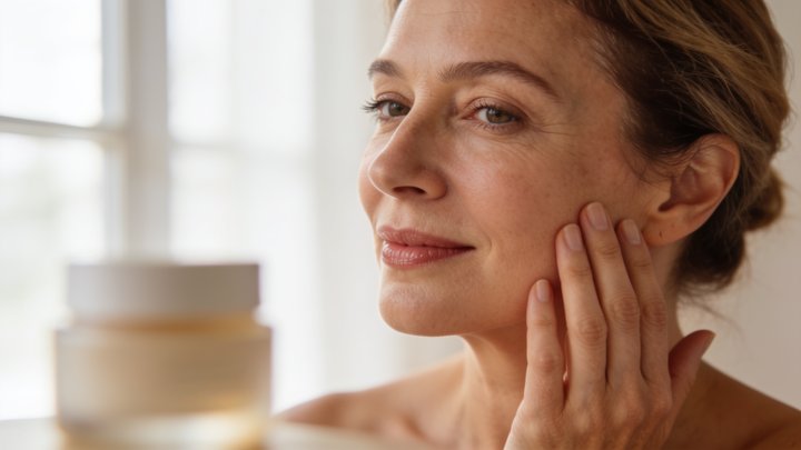 A woman in her 40s with healthy, radiant skin, representing the Aesthetics and Anti-Aging category of physician-supervised peptide therapy.