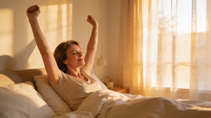 A woman in her 40s waking up refreshed in soft morning light, representing the Performance and Vitality category of physician-supervised peptide therapy.