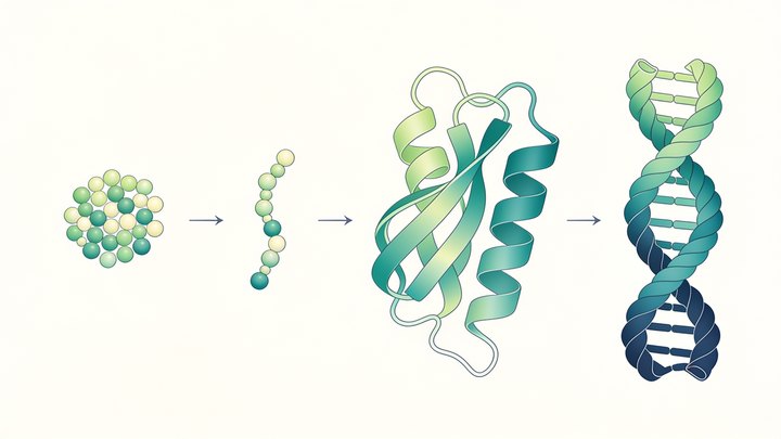 Illustration showing a progression: a loose cluster of amino acid beads, then a short beaded chain (a peptide), then a longer chain folded into a compact ribbon structure (a protein), then a longer helical strand (the kind of structure proteins like collagen organize into).