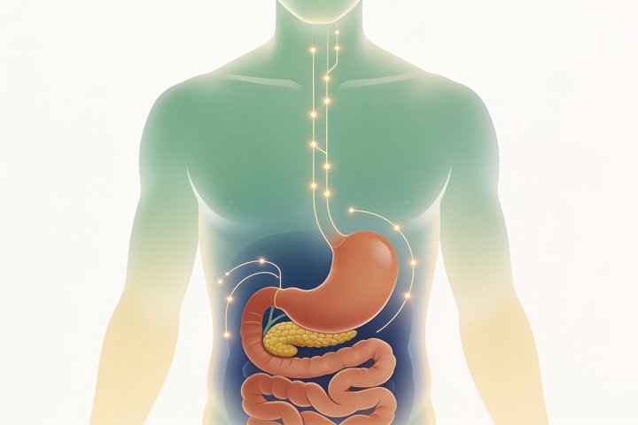 Medical illustration of a human torso showing the stomach, pancreas and coiled small intestine, with signalling pathways travelling from the intestine up toward the brain and out to the pancreas and stomach.