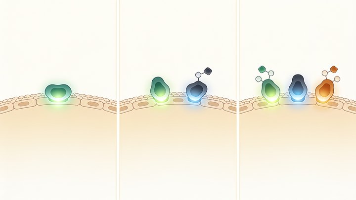 Three side-by-side illustrations of a cell membrane: one panel shows a single receptor type engaged, the next shows two distinct receptor types engaged together, and the last shows three distinct receptor types engaged together.