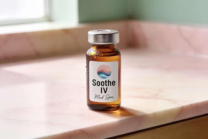 Soothe IV Med Spa branded amber pharmacy vial on warm marble, representing the aesthetics & anti-aging category of physician-supervised peptide therapy