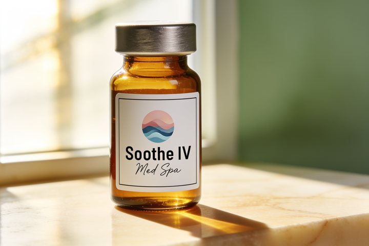 Soothe IV Med Spa branded amber pharmacy vial on warm marble, representing the performance & vitality category of physician-supervised peptide therapy