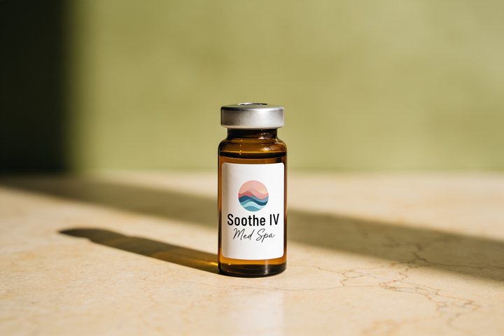Soothe IV Med Spa branded amber pharmacy vial on warm marble, representing the metabolic optimization category of physician-supervised peptide therapy