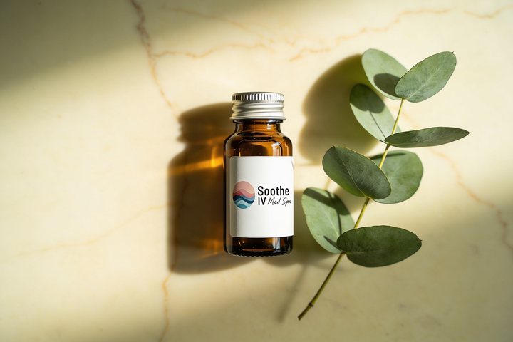 Soothe IV Med Spa branded amber pharmacy vial on warm marble, representing the performance & vitality category of physician-supervised peptide therapy