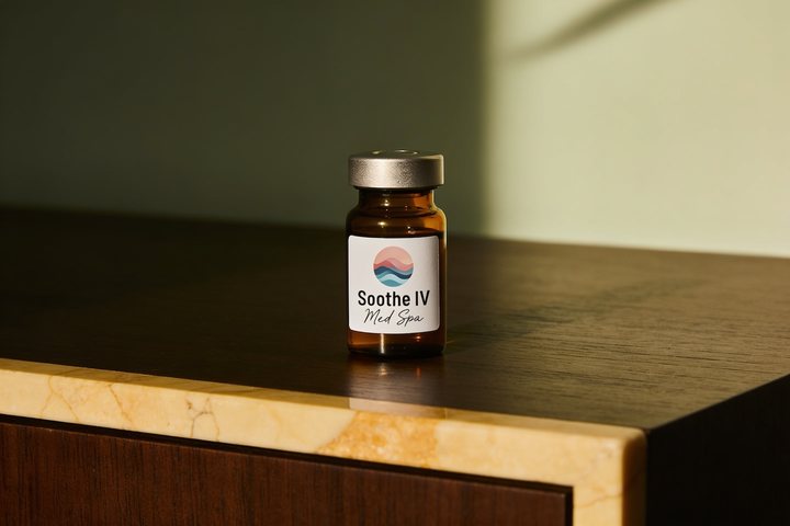 Soothe IV Med Spa branded amber pharmacy vial on warm marble, representing the performance & vitality category of physician-supervised peptide therapy