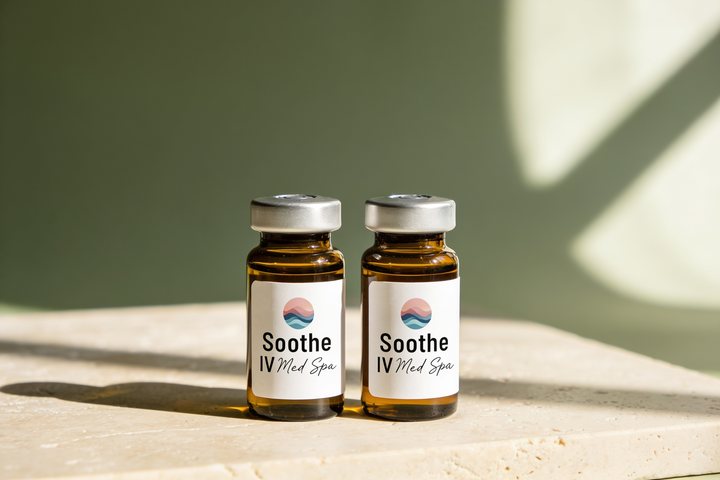 Soothe IV Med Spa branded amber pharmacy vial on warm marble, representing the metabolic optimization category of physician-supervised peptide therapy