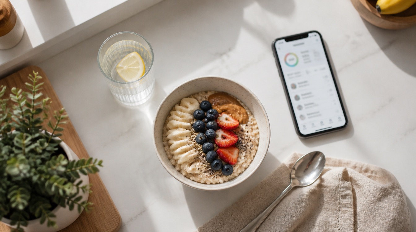 Healthy breakfast bowl with a wellness tracking app on a phone nearby