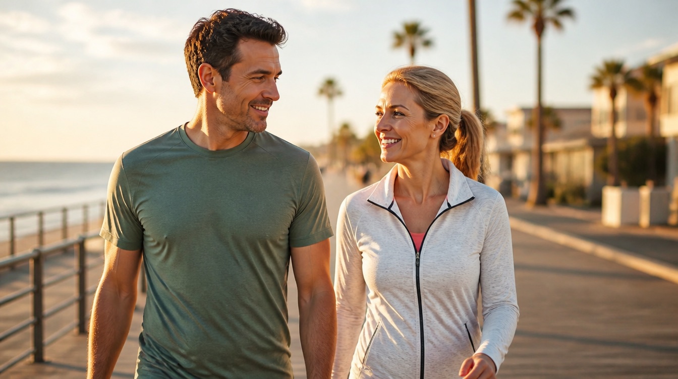 Couple walking together on a coastal boardwalk at sunset