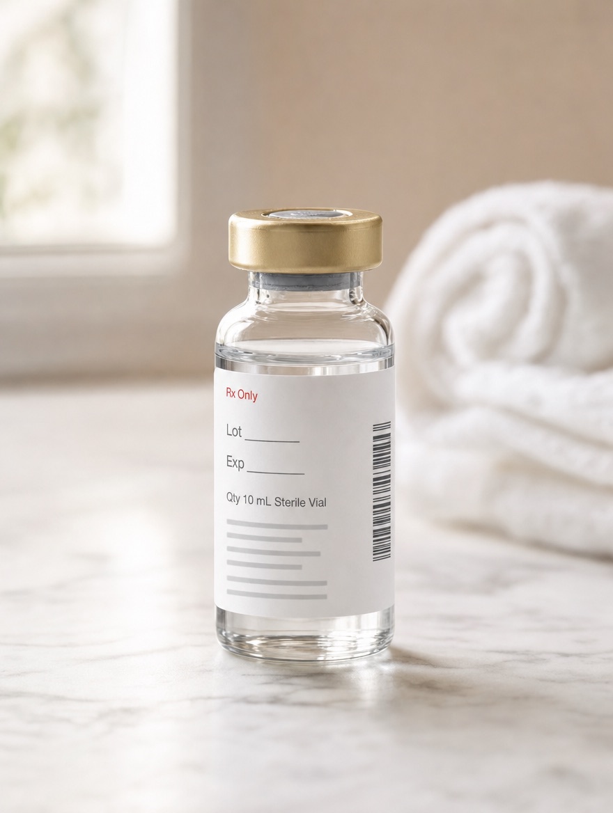 Physician-prescribed weight management medication vial, pharmacy-dispensed
