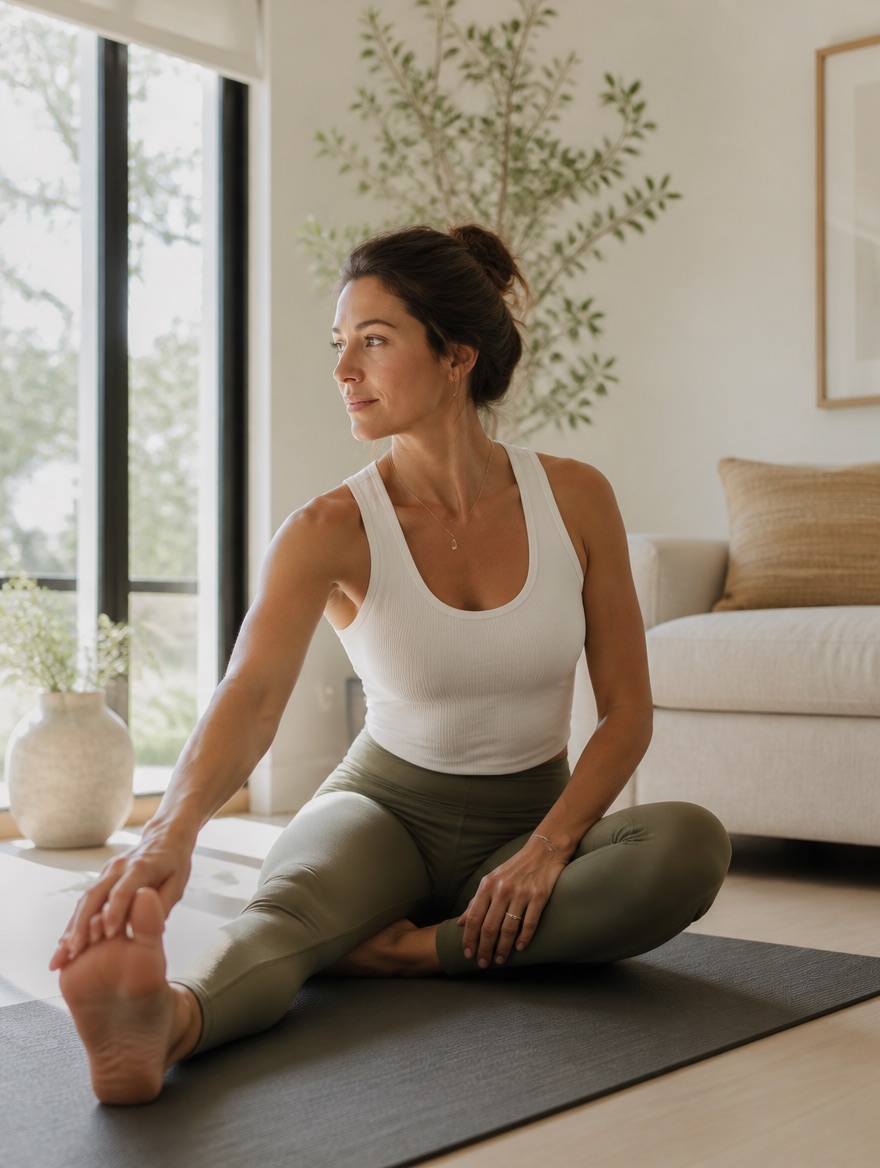 A woman practising yoga in soft natural light at home.