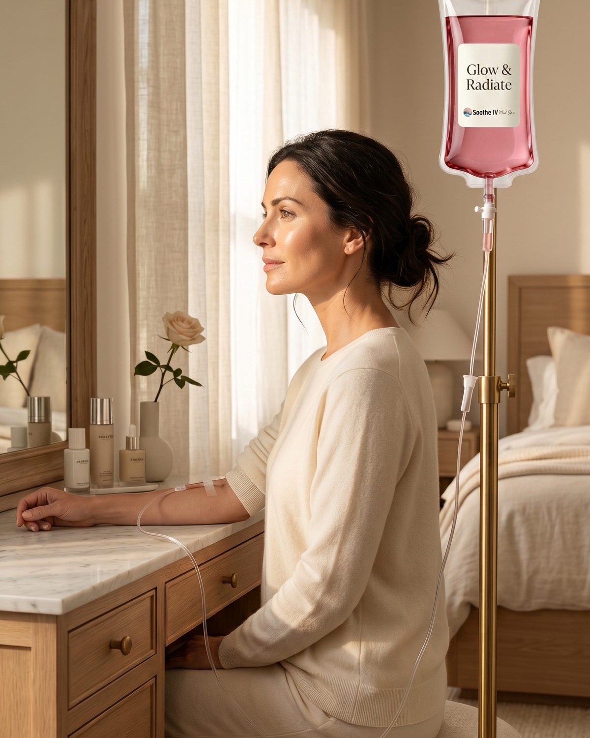 A woman in her forties at a sunlit vanity during an at-home Soothe IV treatment.