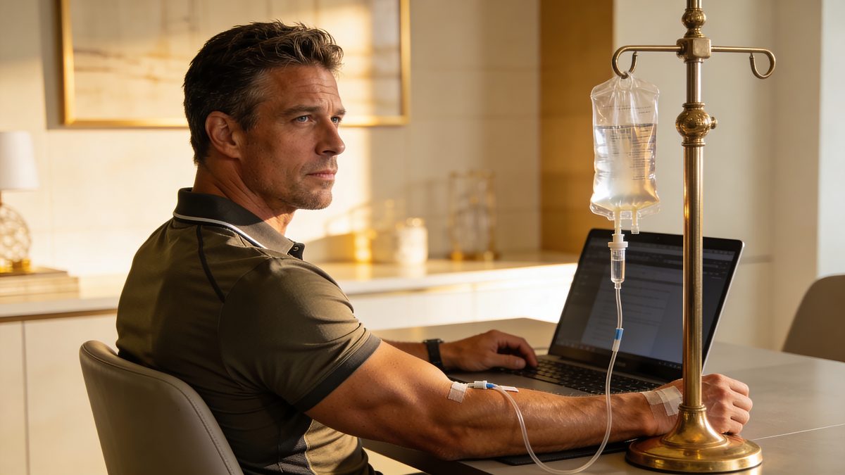 An executive working at a laptop during a concierge IV session at home.